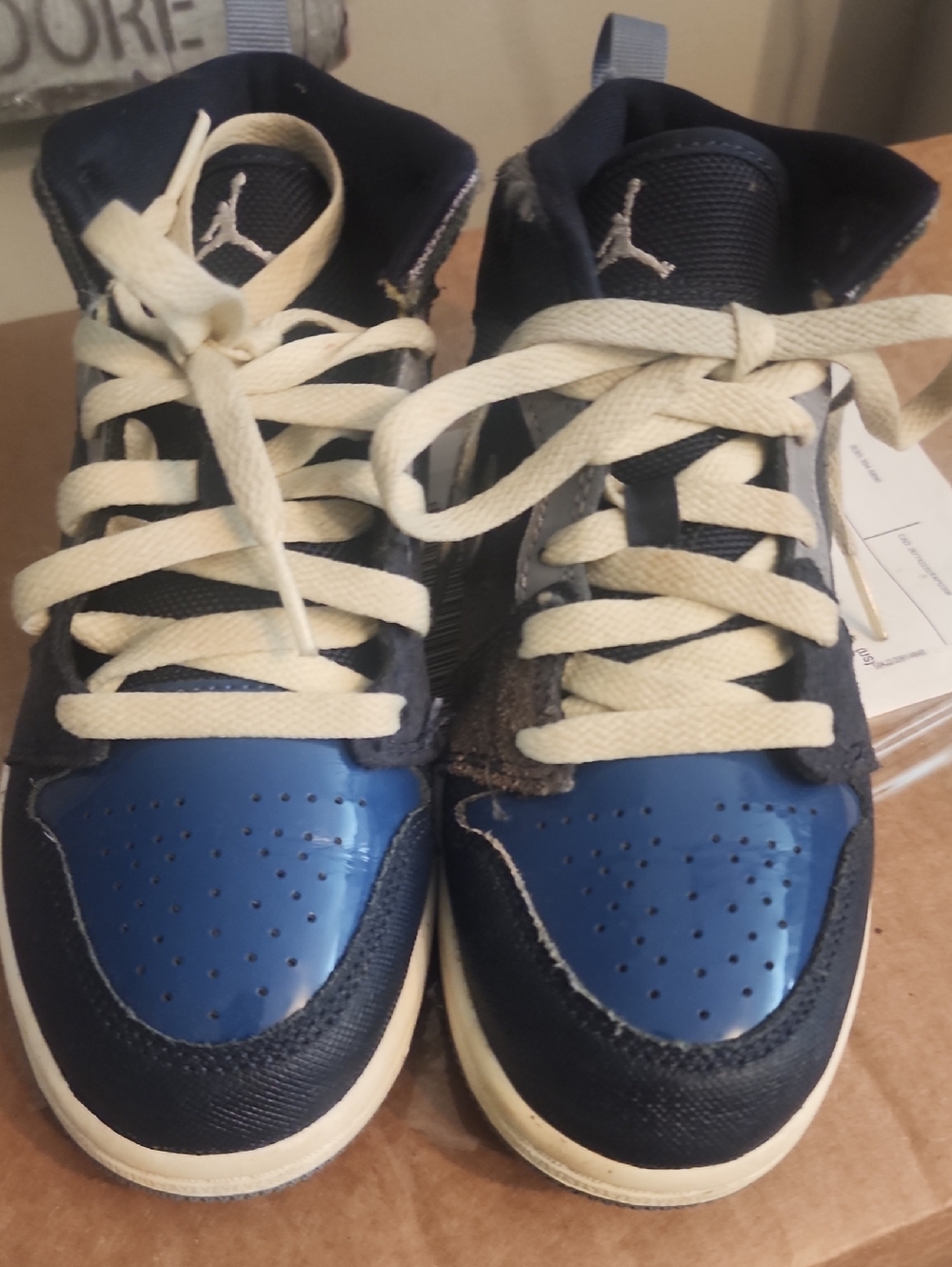 Jordan Kids High-Top Sneakers in Navy and Blue with Cream Laces